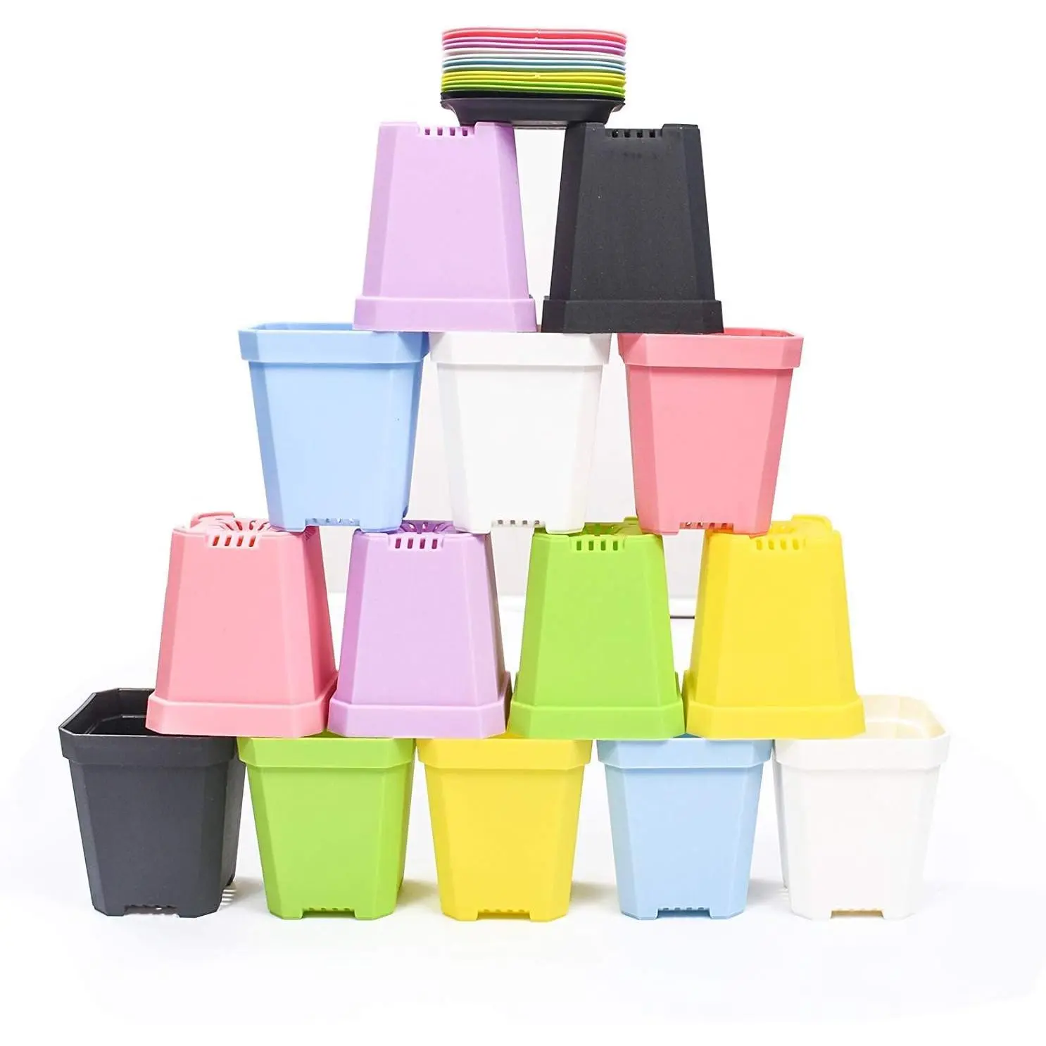 14 count Colorful Square Plastic  Pot, Planter, Flower Pot with Pallet Tray  for Decoration of  Office Desk Garden Flower Shop