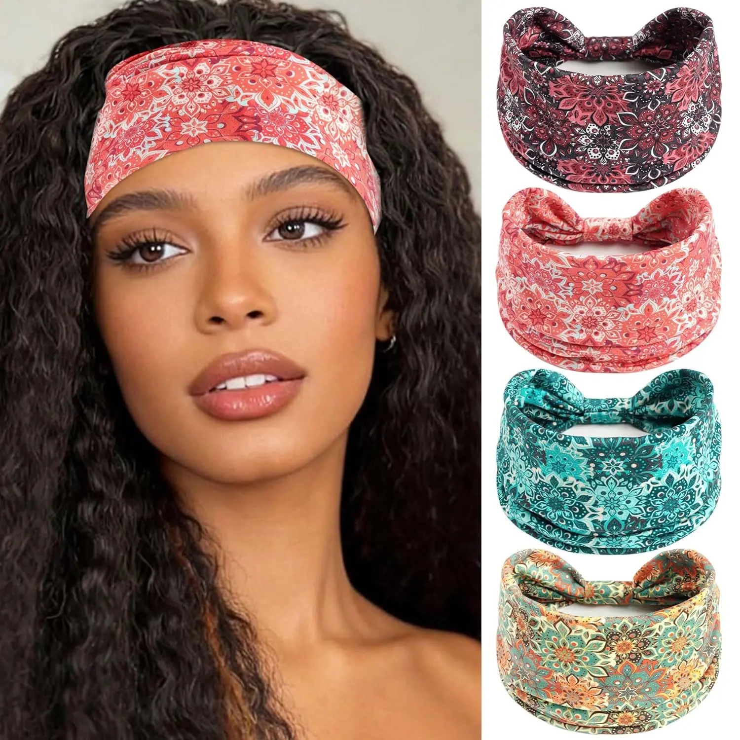 Female Boho Wide Band Hair Accessories - 4 Pieces Knotted Non-Slip Elastic Turban Headbands, Floral Fashion Head Wraps for Daily Workout Yoga Spa Makeup