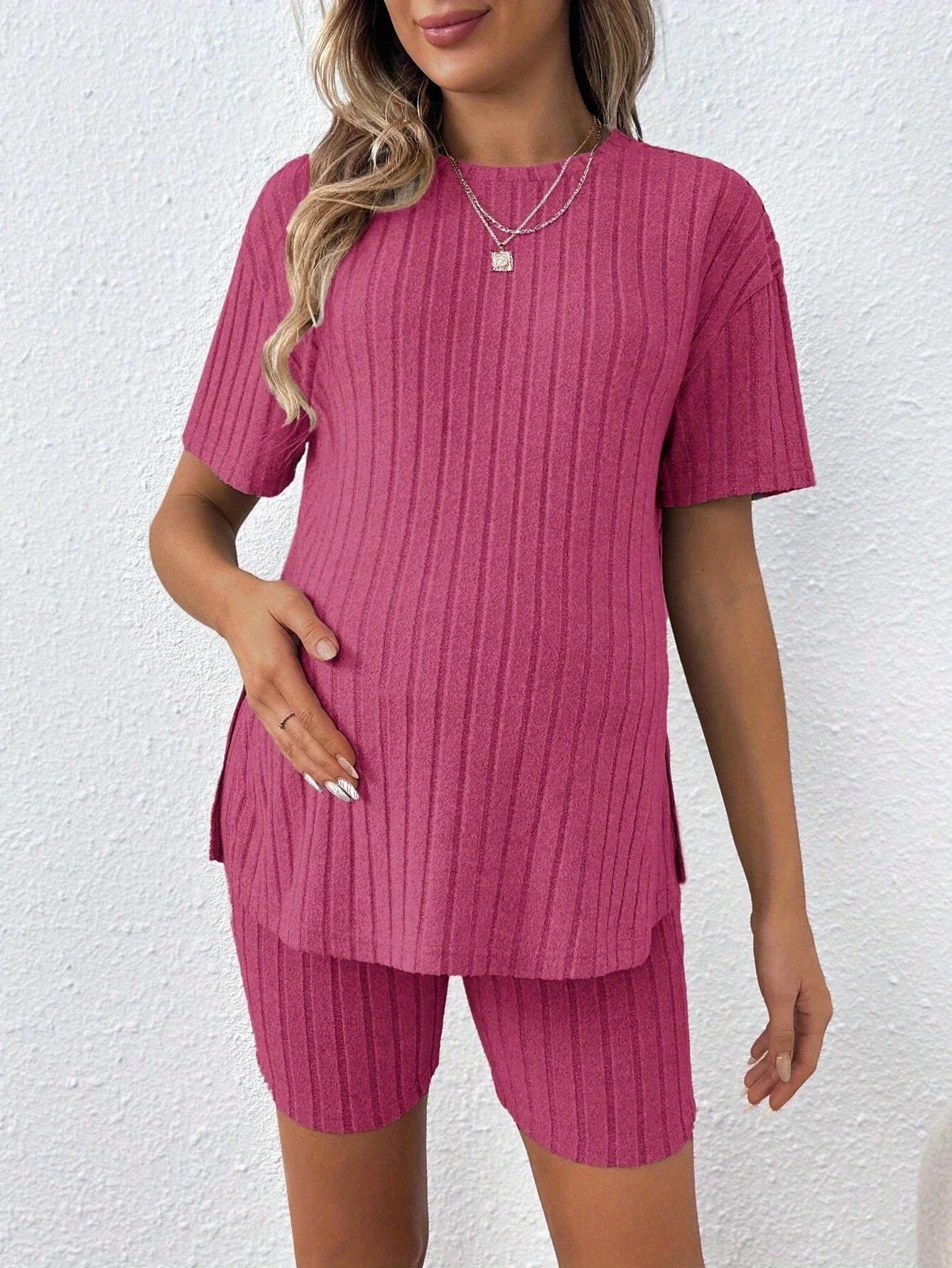 Maternity Two-Piece Set, Summer Comfortable Casual Versatile Loose Stretch Pink Maternity Suit Maternity Two-Piece Set, Summer Comfortable Casual Versatile Loose Stretch Pink Maternity Suit