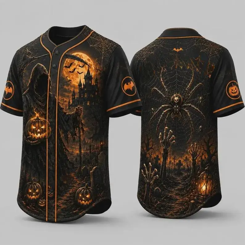 Grim Reaper Halloween Baseball Jersey, Personalized Spider Graveyard Shirt, Spooky Gothic Black Orange Trick or Treat Name Apparel#TikTokMadeMeBuyIt#FamilyHalloweenOutfit#CustomPrintJersey#HalloweenPartyEssential
