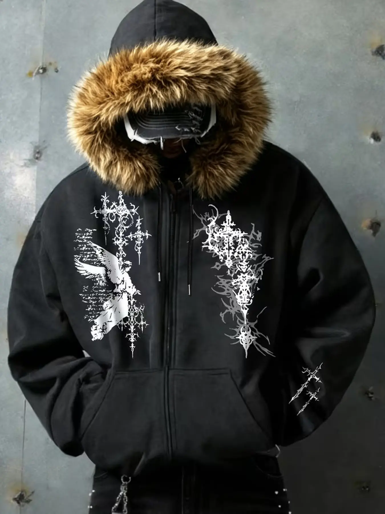 Men's Hooded Open Front Jacket, Gothic Thorn Pattern Design, Fitted Long Sleeve Casual Outerwear, Fall & Winter Street Style