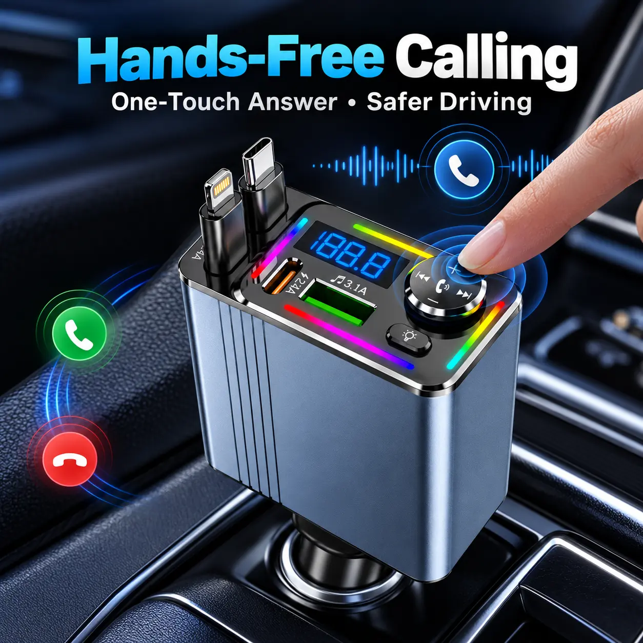 ``` Car Bluetooth FM Transmitter for Car MP3 Player MP3 Audio Connection 3.1A Fast Charger Retractable Type C Cable 80cm Auto Storage Bluetooth 5.3 Lossless Music Hands Free Calling U Disk Play RGB Ambient Light LED Voltage Display 180 Rotatable Universal