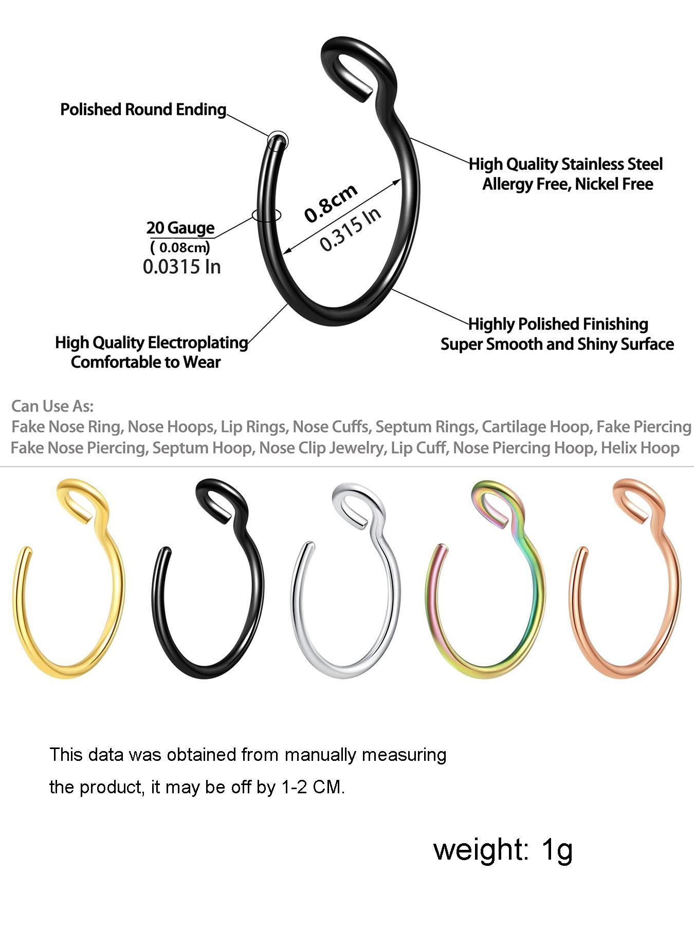 10pcs Stainless Steel Fake Nose Rings, No Piercing Nose Hoop Cuff Rings on Lip Ear, Body Jewelry for Men & Women