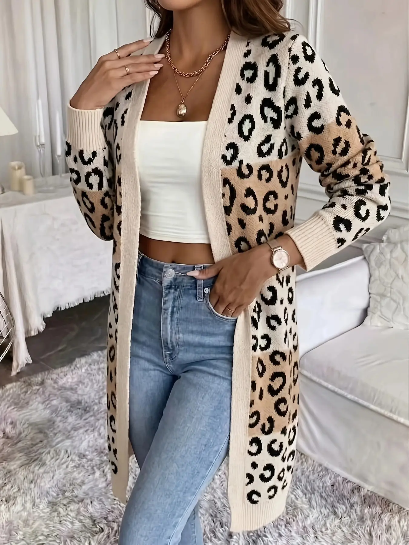 Elegant Leopard Print Medium-Length Knit Cardigan for Women, Loose-Fitting Casual Sweater Jacket for Home Office Daily Wear