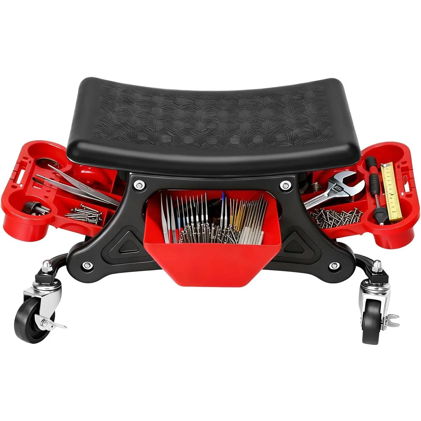 Heavy Duty Rolling Mechanic Stool with Casters, 300 LBS Capacity, Slide-Out Tool Trays & Drawer, Automotive Maintenance & Car Repair Tools (Red), Automotive Maintenance Tools, Garage Work