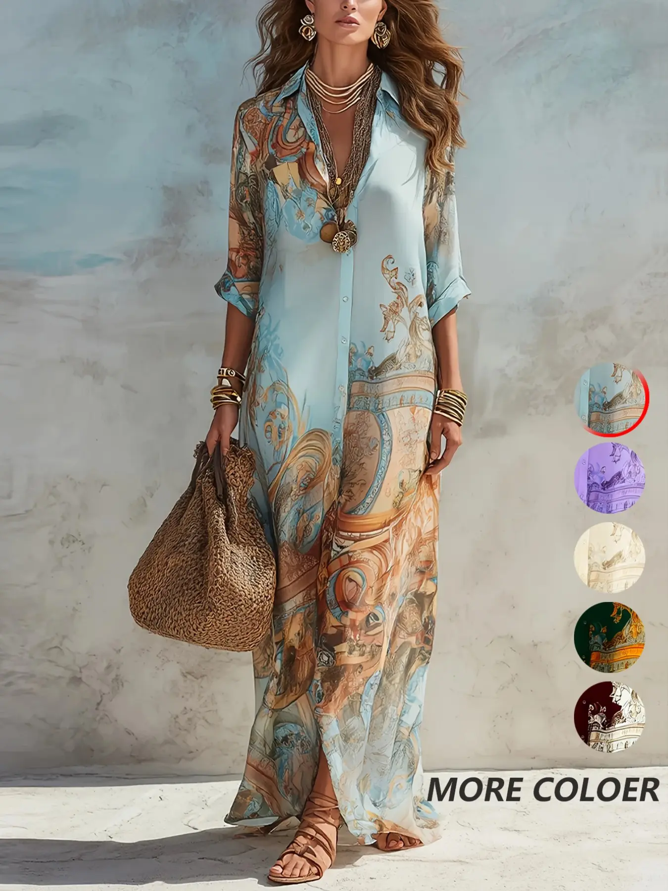 Casual Random Print Notched Neck Collared Button Long Slim Fit Dress, Women's Fashionable Aesthetic Evening Wear, Elegant and Comfortable Design
