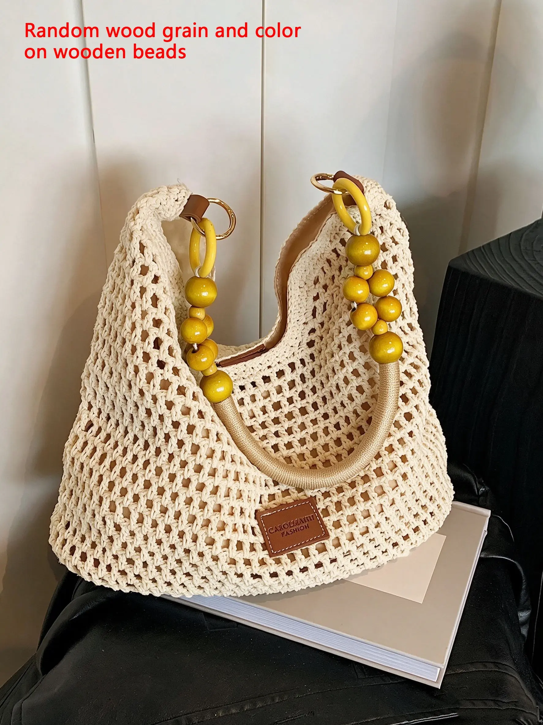 Women's Elegant Crochet Crossbody Shoulder Bag with Wooden Bead Decor, High-Quality Casual Daily Commuter Purse, Casual Trendy Bag
