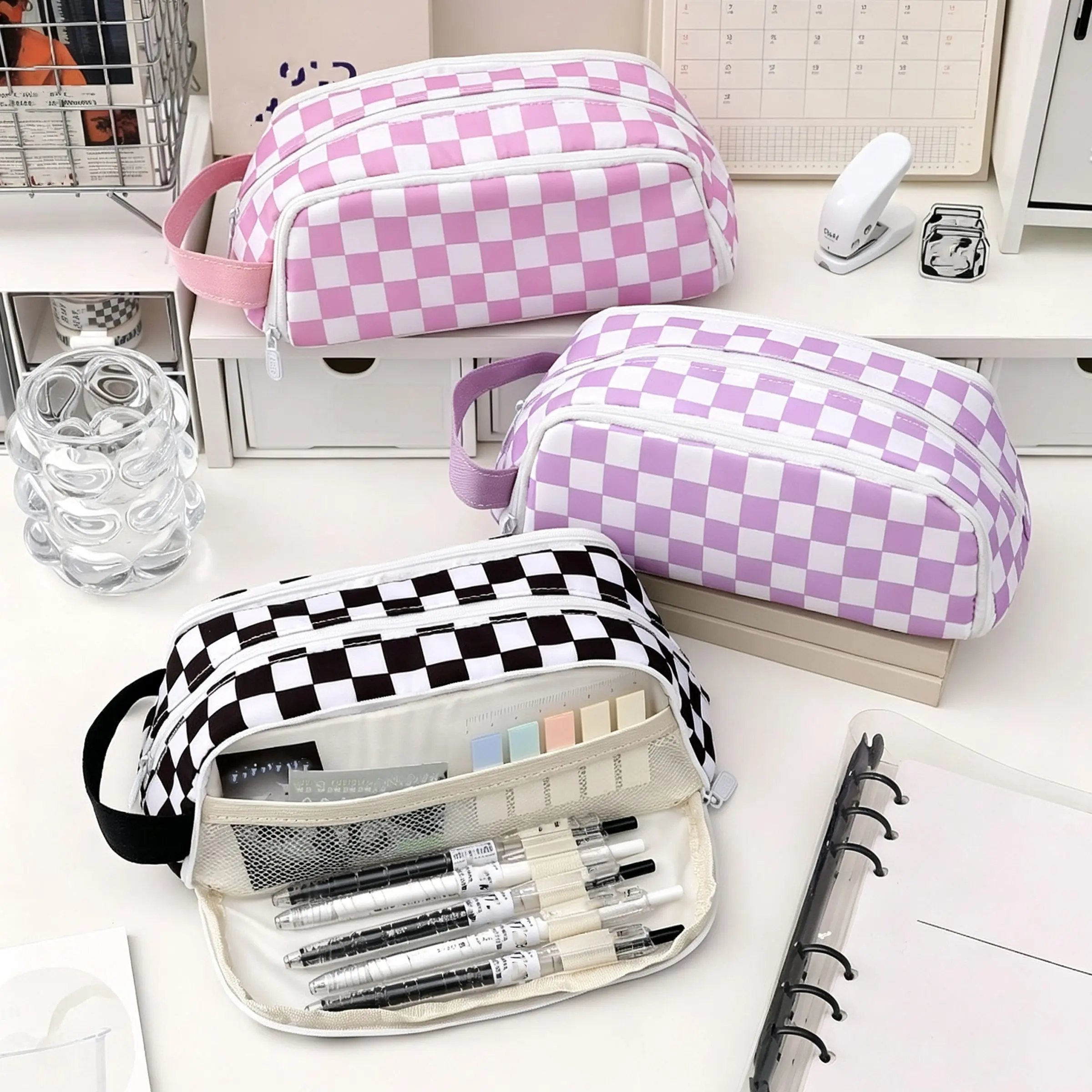 Checkerboard Plaid Pen Bag/pen Case, Student Multifunctional Partitioned Pen Box, High Aesthetic Stationery Storage Bag