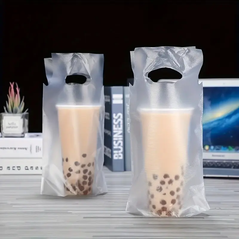 100 Pcs Matte Transparent Handle Beverage Plastic Bags, 23.67oz Food Grade Hdpe, Leak-Proof Durable Takeout Bags for Cafes, Restaurants