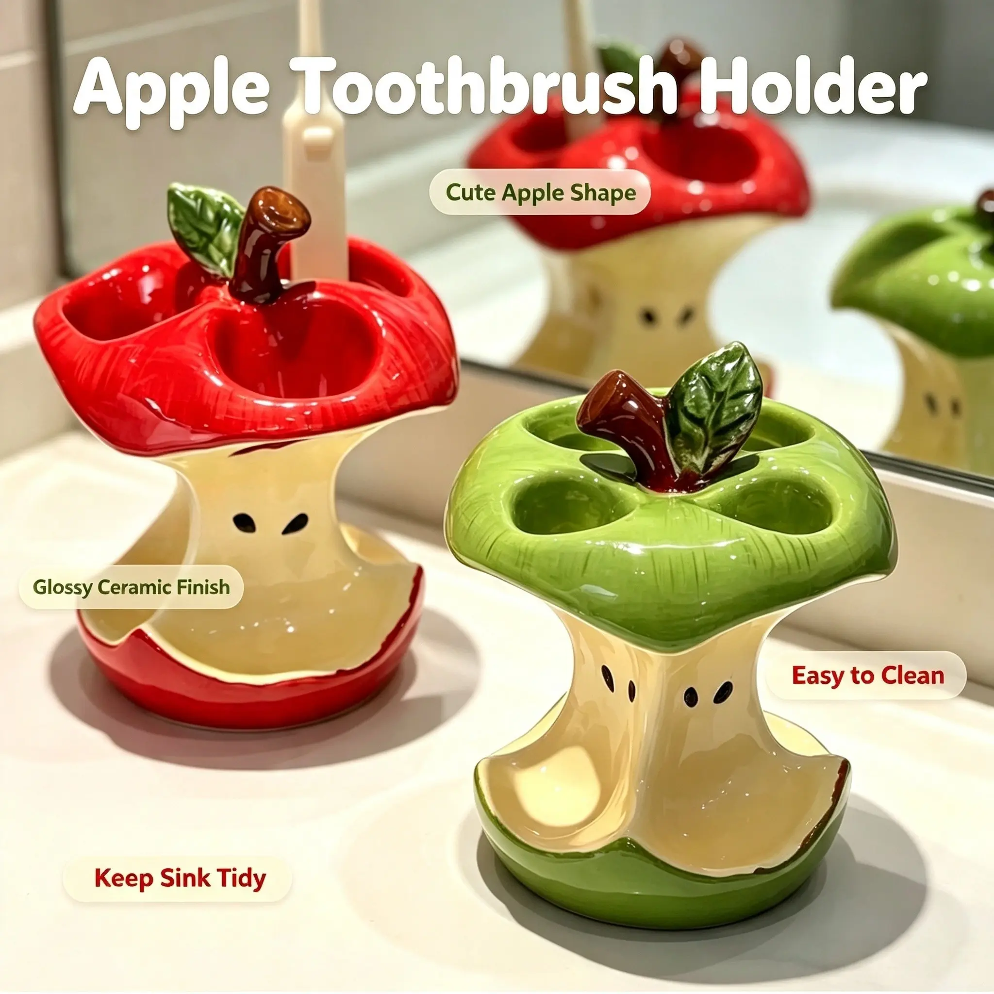 Cute Apple Core Toothbrush Holder, Glossy Ceramic Multi-Plug Storage, Easy to Clean, Bathroom Vanity Use, Home Bath Accessories