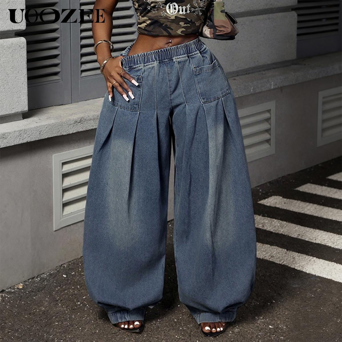 UOOZEE Women's Spring Autumn Boyfriend Style Retro Jeans Solid Color Oversized Loose Pleated Pockets Elasticity High Waist Lady Jean Pants Bottoms(Fits Larger at Waist - Check Size Guide or OrderOne Size Down) Casual stacked jeans baggy jeans