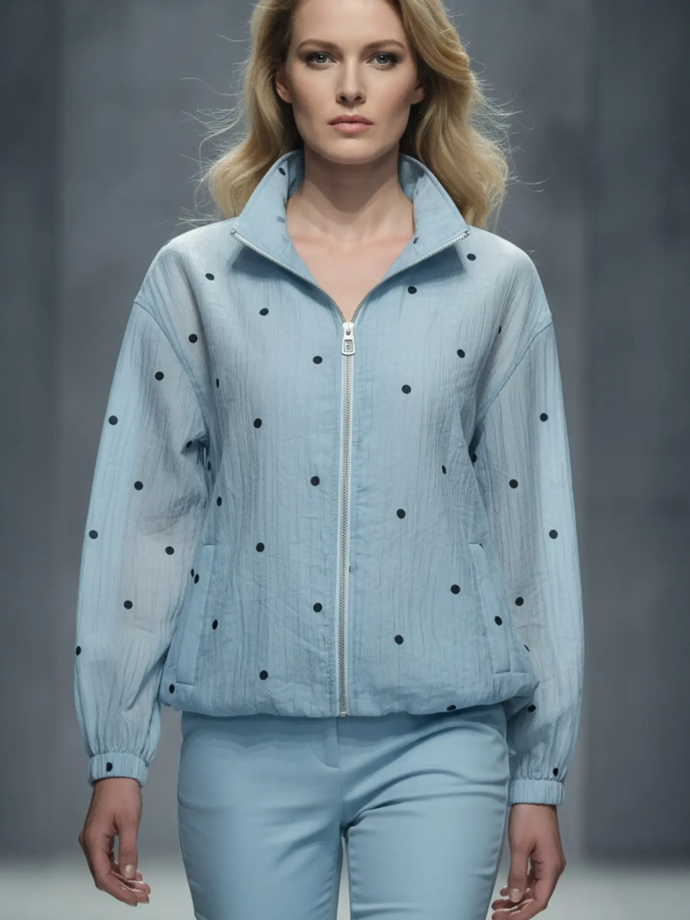 Women's Lightweight Breathable Polka Dot Windbreaker Jacket, Full Zip Stand Collar Elastic Hem, European Summer Casual Outerwear