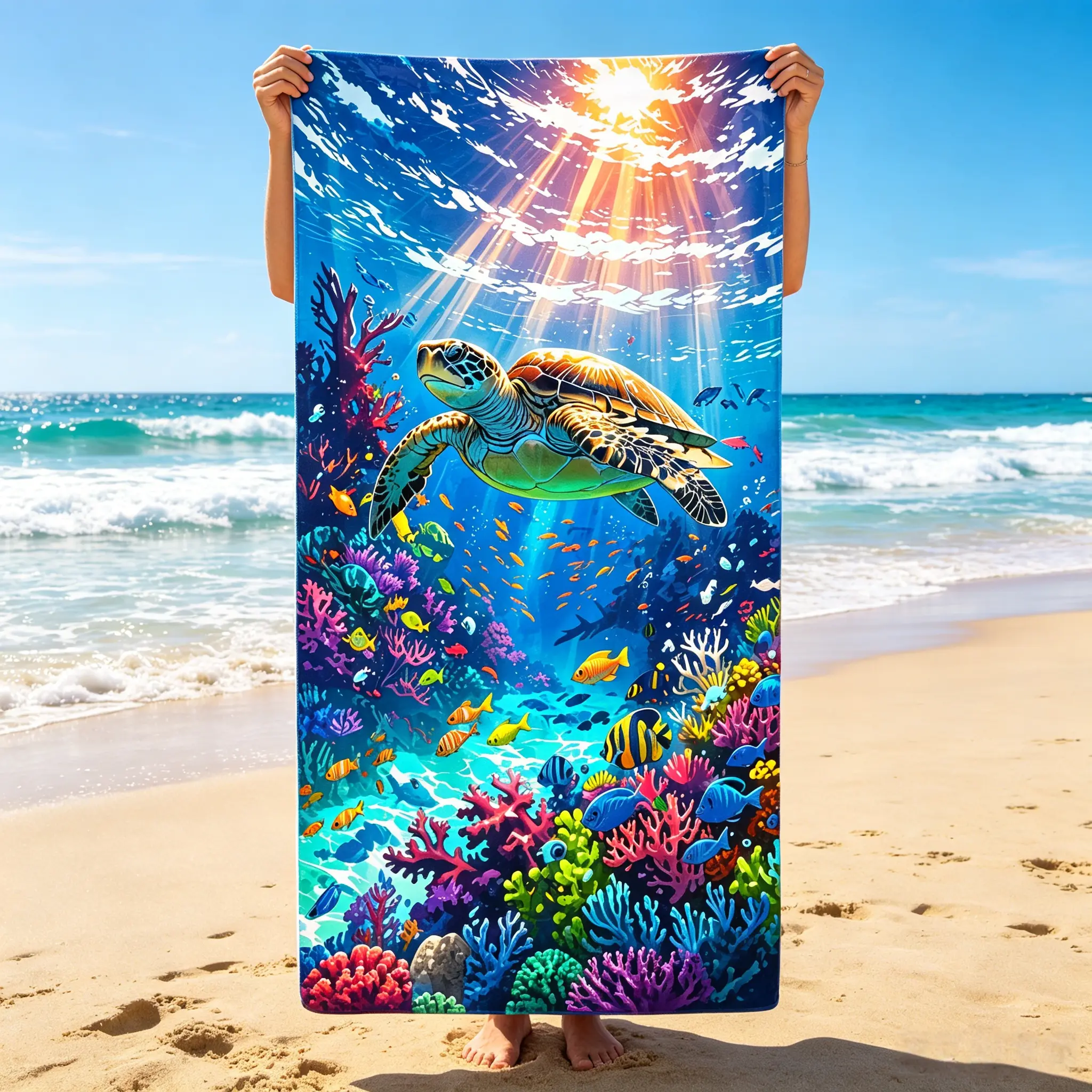 1count Vibrant Underwater Turtle Beach Towel: Summer'S Splash of Color for Vacation, Beach, Pool - Men & Women'S Large Blanket Hand Towel