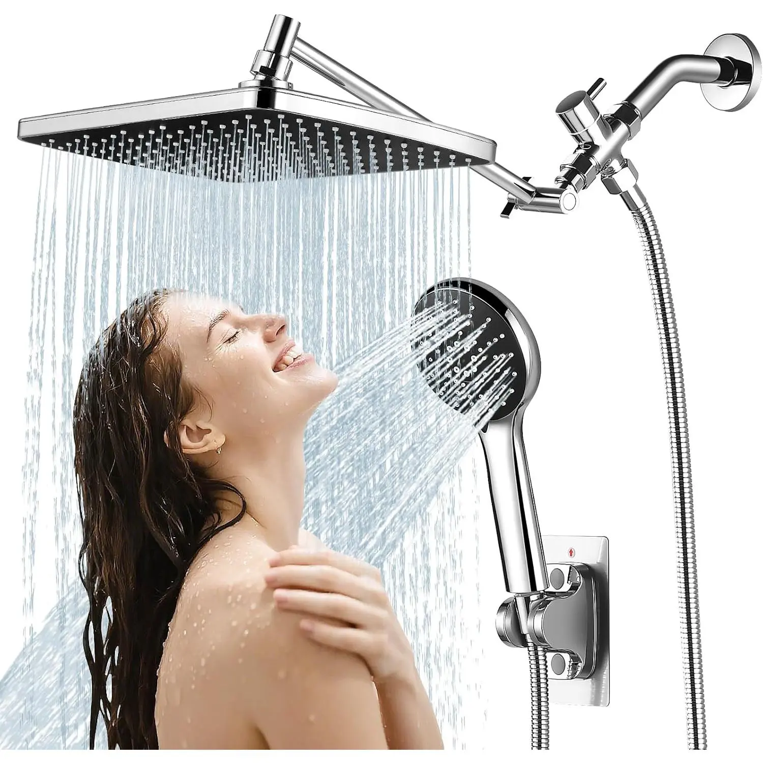 Shower  with Handheld,11.8 Inch Large Rectangular Rain Shower  with 5 Modes Handheld  Combo,Adjustable Double Shower Heads with Holder and 11'' Extension Arm,Chrome