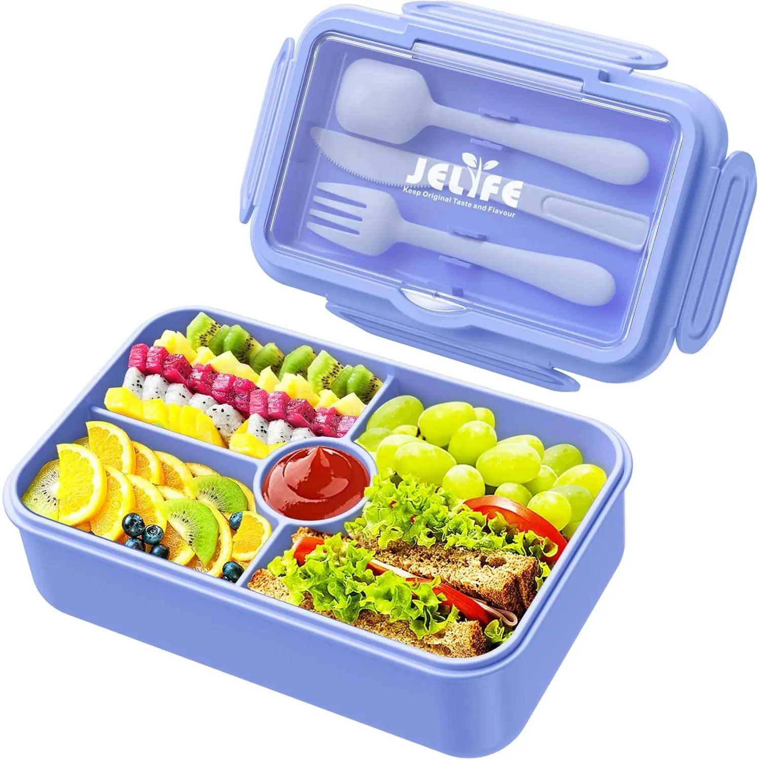 Bento Lunch Box for  - Large Bento-Style Leakproof Bento Boxes with 4 Compartments Lunchbox with Silverware for   to School,  -the-Go Meal and Snack Containers,Macaron