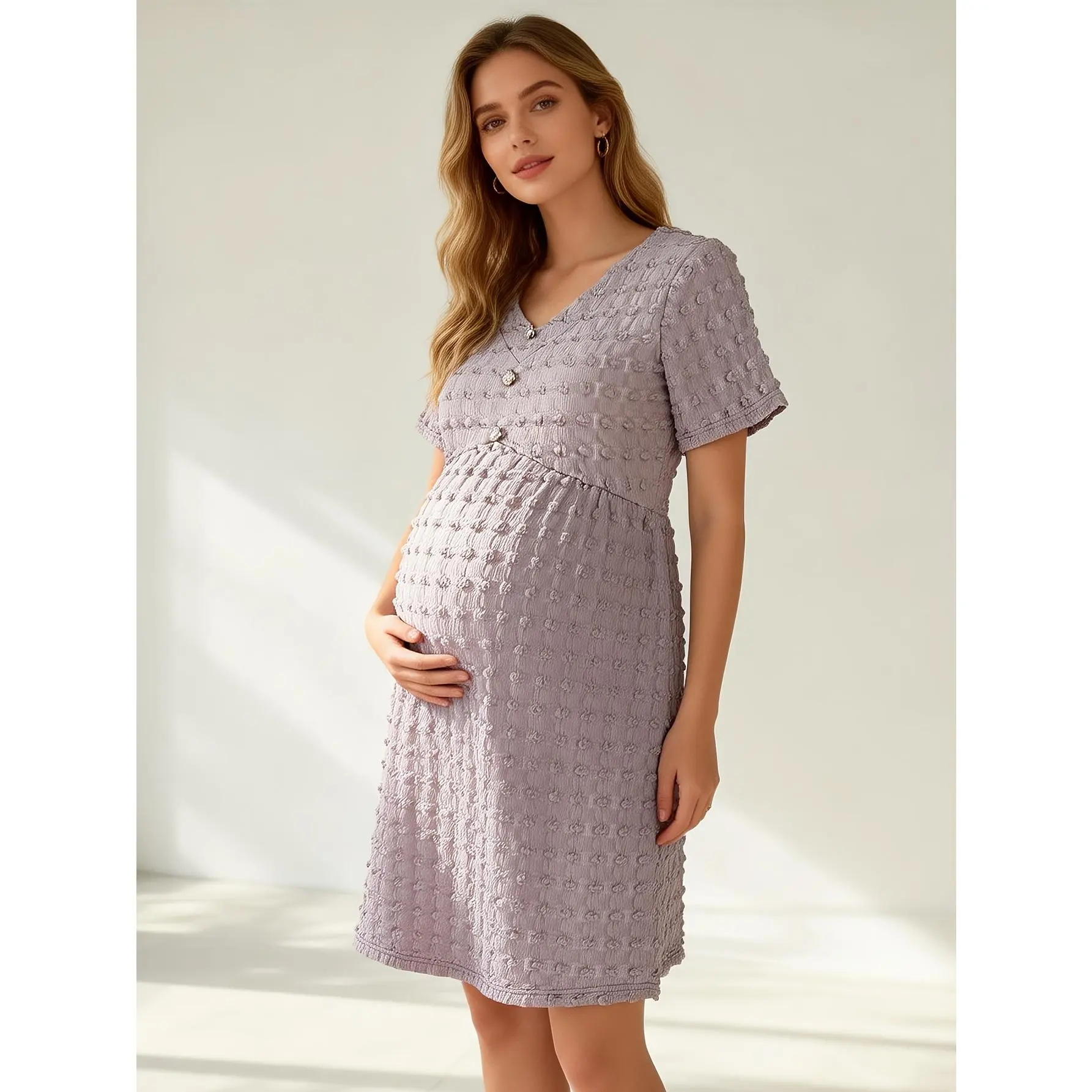 1pc Spring/summer Short-sleeve V-neck Maternity Dress for Outings, Made of Breathable and Comfortable Bubble Fabric, with Snap Buttons, Knee-length, Casual Maternity Dress,leopard,elegant,Pleated,unlined,long,blue,easter,baby,women's,western,cl,sundresses