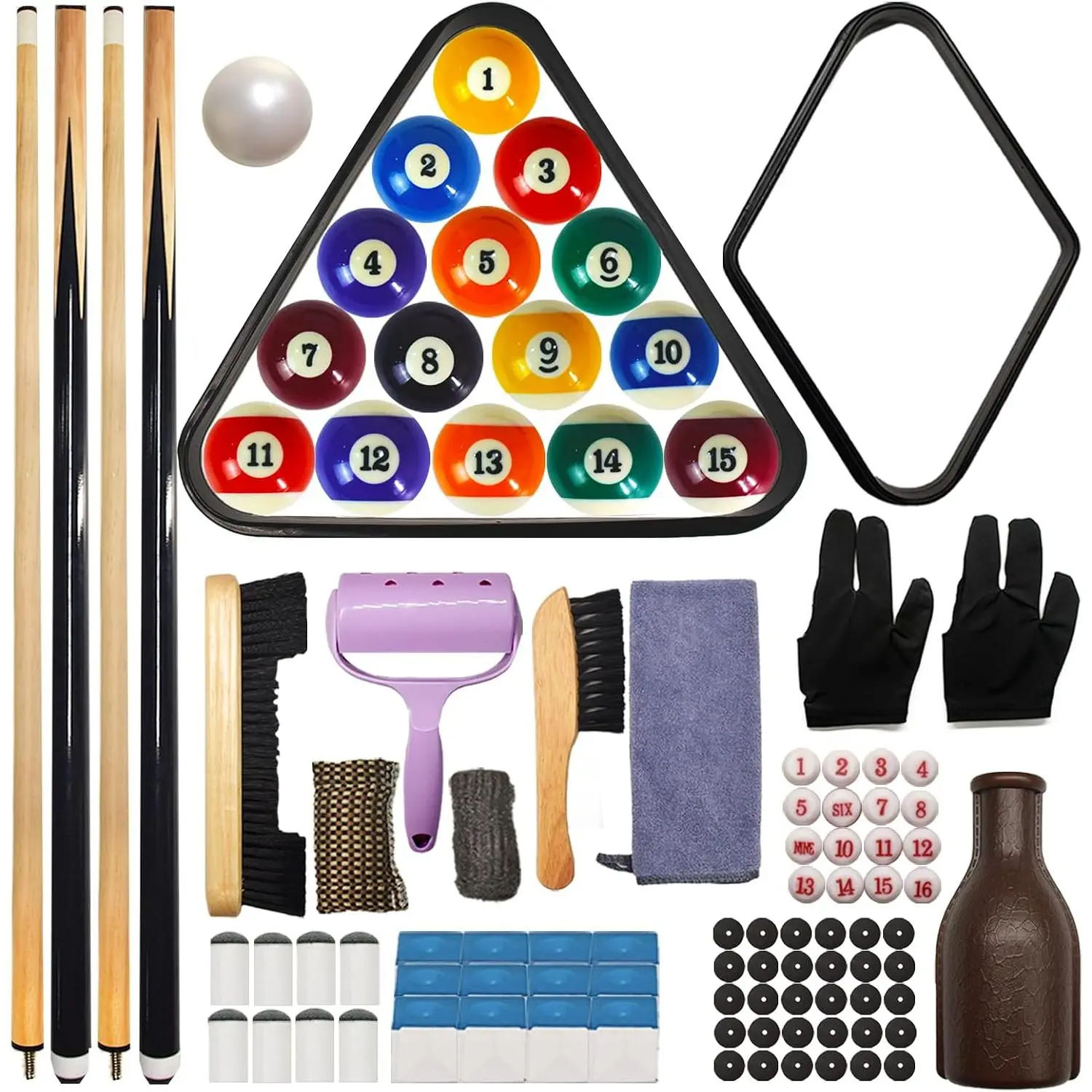 95pcs Pool Table Accessories Set - Balls, Triangle, Rack, Cue, Chalk, Tips, Stickers, Cloth, Brush & Cleaner Set