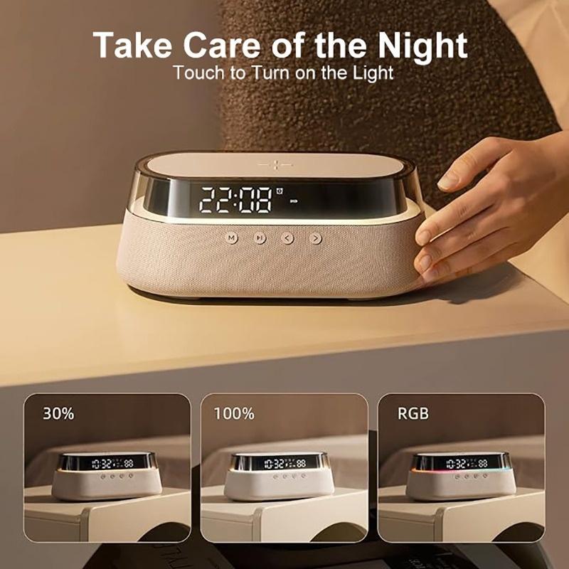 6-in-1 Smart Speaker Alarm Clock 15W Wireless Charger Bluetooth Music Player with Snooze Function