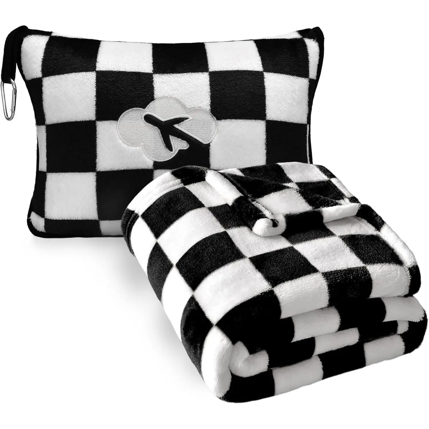 Travel Blanket and Pillow Compact,  Soft 2 in 1 Airplane Blanket with Soft Bag Pillowcase,Hand Luggage Sleeve and Backpack Clip (Checkered Black)