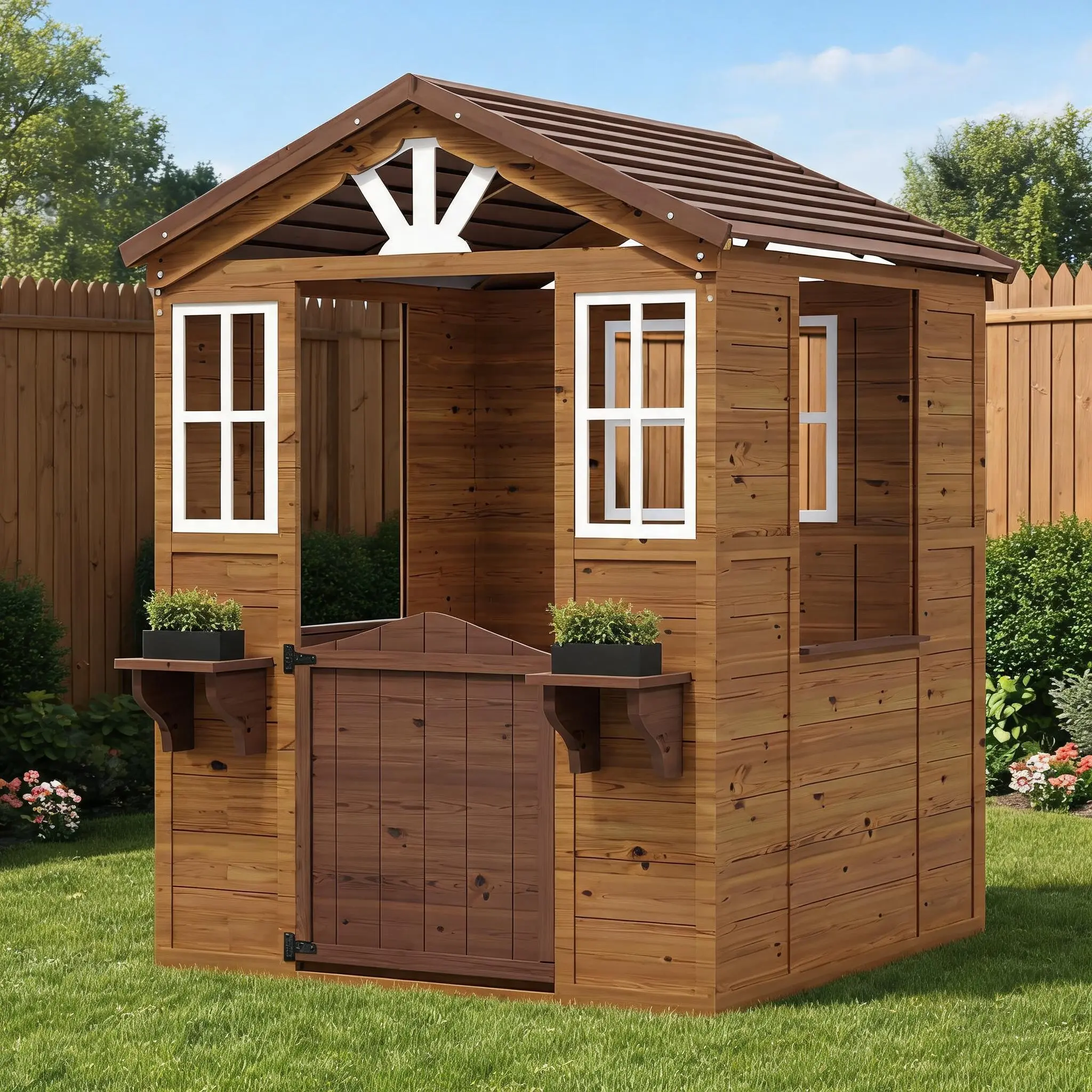 Outdoor Fir Wood Playhouse with Play Kitchen, Weather-Resistant Design, Flowerpot Holders, Working Door & Play Area, for Ages 3-12, 44"x46"