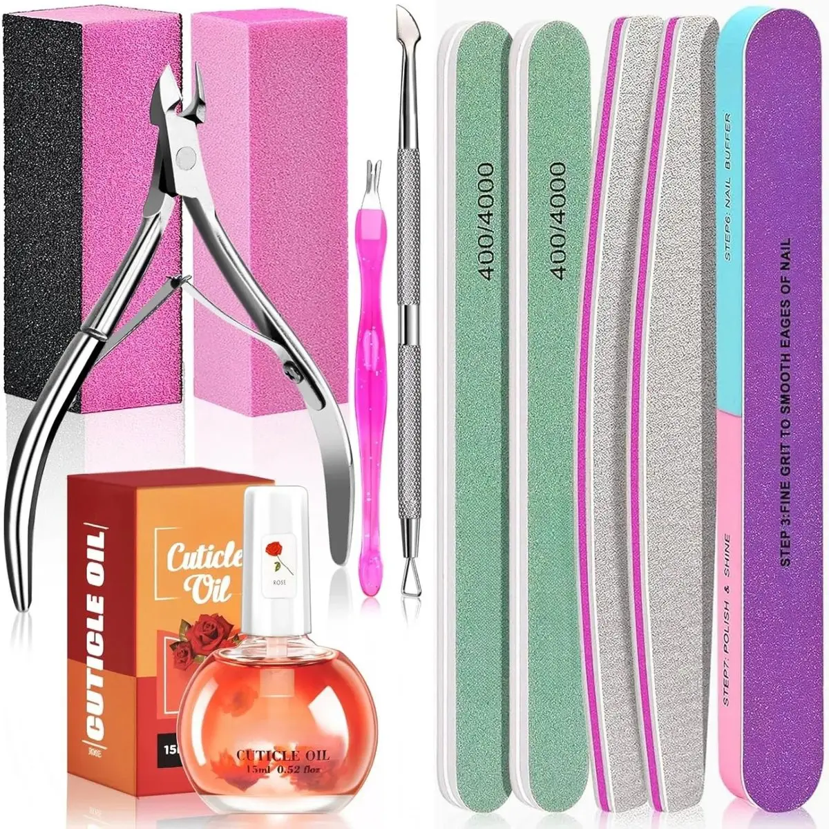 Manicure Tools Kit Nail Care Kit with 3 pcs Files, 2 pcs Buffer Blocks, 2 Polishing Buffers, Cuticle Nipper, Pusher and Cuticle Oil