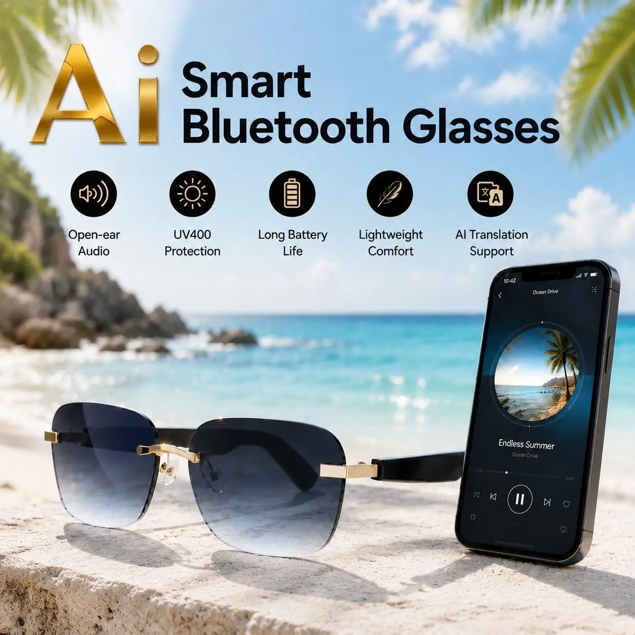 Ai Bluetooth-compatible Smart Glasses, Multilingual APP Translation, UV Protection, Sweat-Resistant, Sun Glasses for Travel, Navigation, Meetings, Business