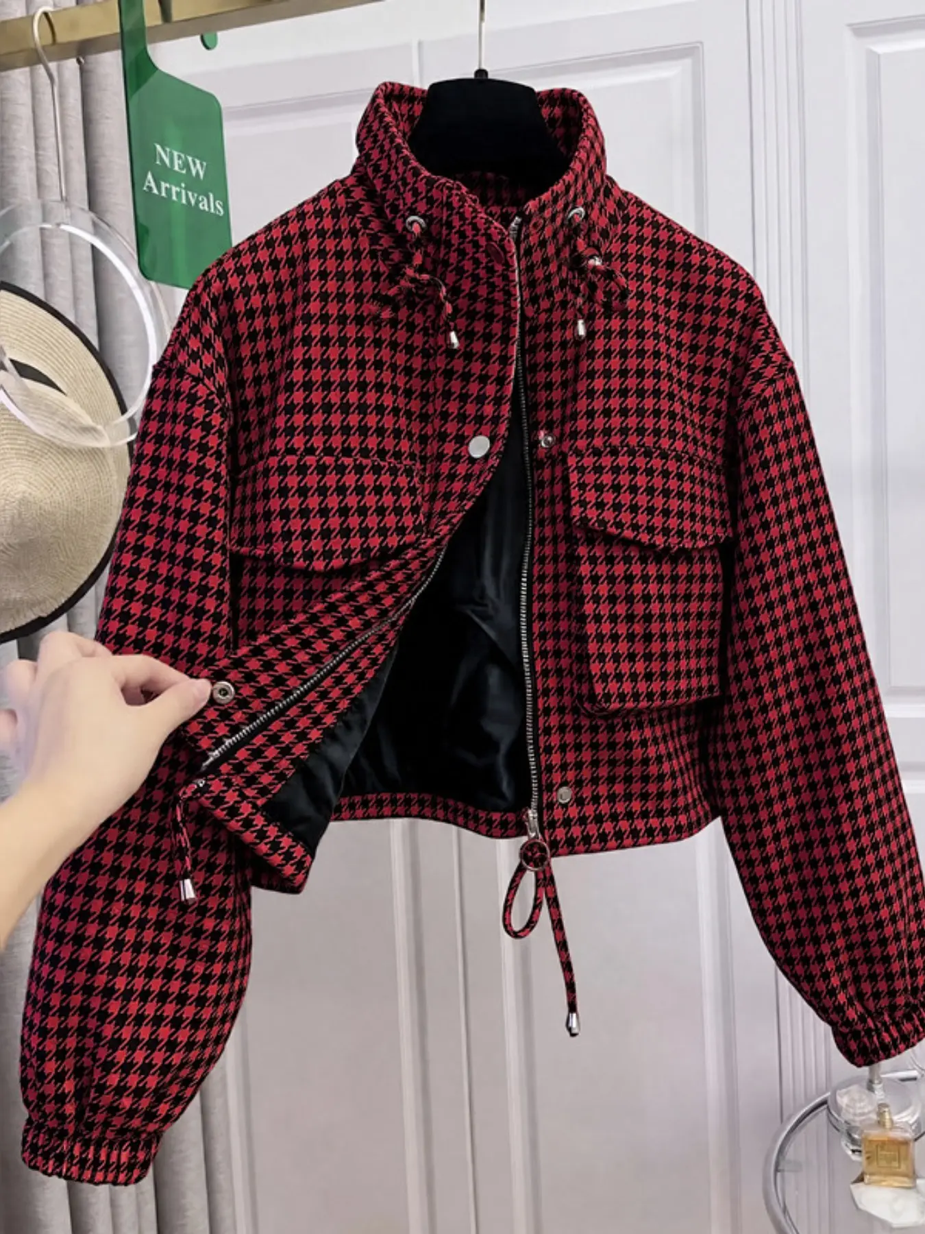 Women's Fashionable Checkered Houndstooth Short Jacket, Trendy Casual Outerwear for Daily Wear, Stylish Commuter Coat for All Seasons