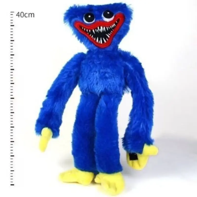 40cm Huggy Wuggy Plush Doll - Bright Blue Fluffy Fabric, Long Limbs, Sharp Teeth, Unisex Horror Spooky Look Stuffed Toy, Poppy Playtime Game Character, Halloween Decor Gift, Cross-Border Wholesale