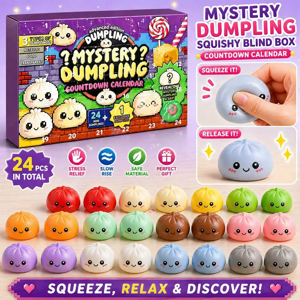 24 Mini Glitter Dumpling Countdown Calendar Blind Box, Dumplings Soft Squishy, Colorful Stress Relief Toys, Perfect for Parties and Gifts
