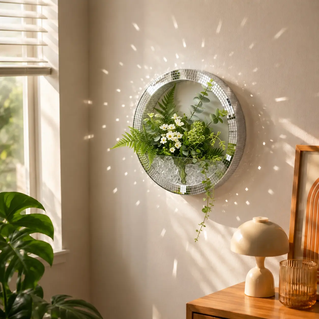 Disco Ball Wall-Mounted Planter, Mirror-Finish Round Hanging Plant Stand, Hanging Pot, Ideal for Indoor Sunlight Capture, Decorative Garden Accessory
