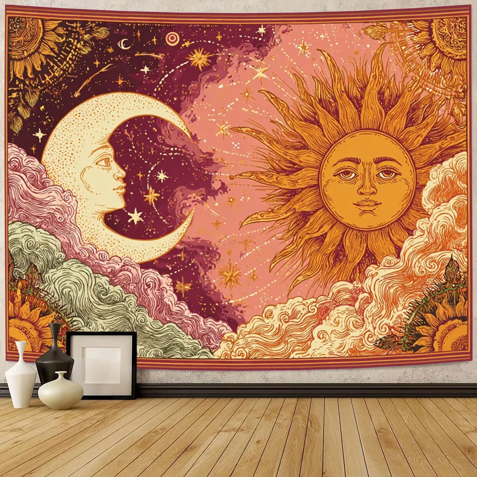 Sun Moon Celestial Tapestry Wall Art - Retro Bohemian Starry Fantasy Print Home Decor, Lightweight Wrinkle-Resistant Anti-Pilling All-Seasons Machine-Washable Wall Hanging for Living Room, Bedroom