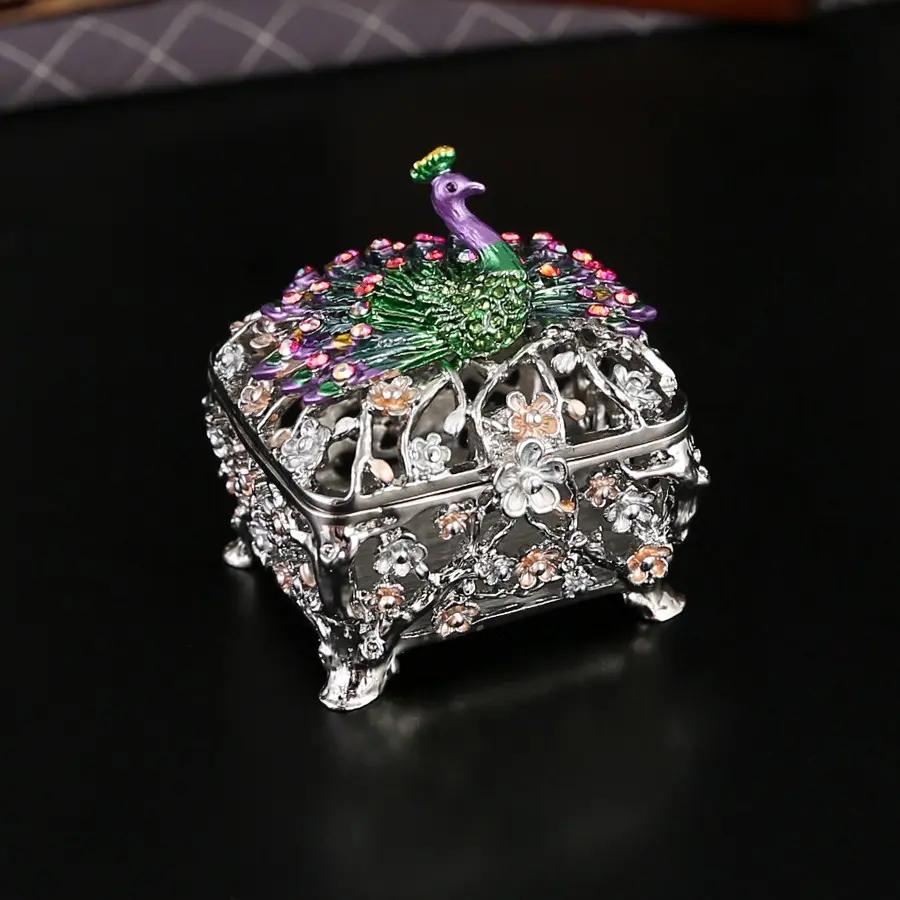 Elegant Silver Color Peacock Jewelry Box, Intricate Lace Design Accessory Organizer, Vanity Desk Clutter Buster, Trendy Oriental Luxury Decor