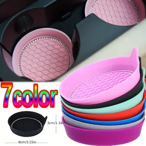 2 Counts Non-Slip Water Cup Pads, Car Coasters with Rhinestone Bling Decoration, Anti-Skid 8 cm Rubber Cup Mat, Car Interior Accessory, Car Accessories room decor