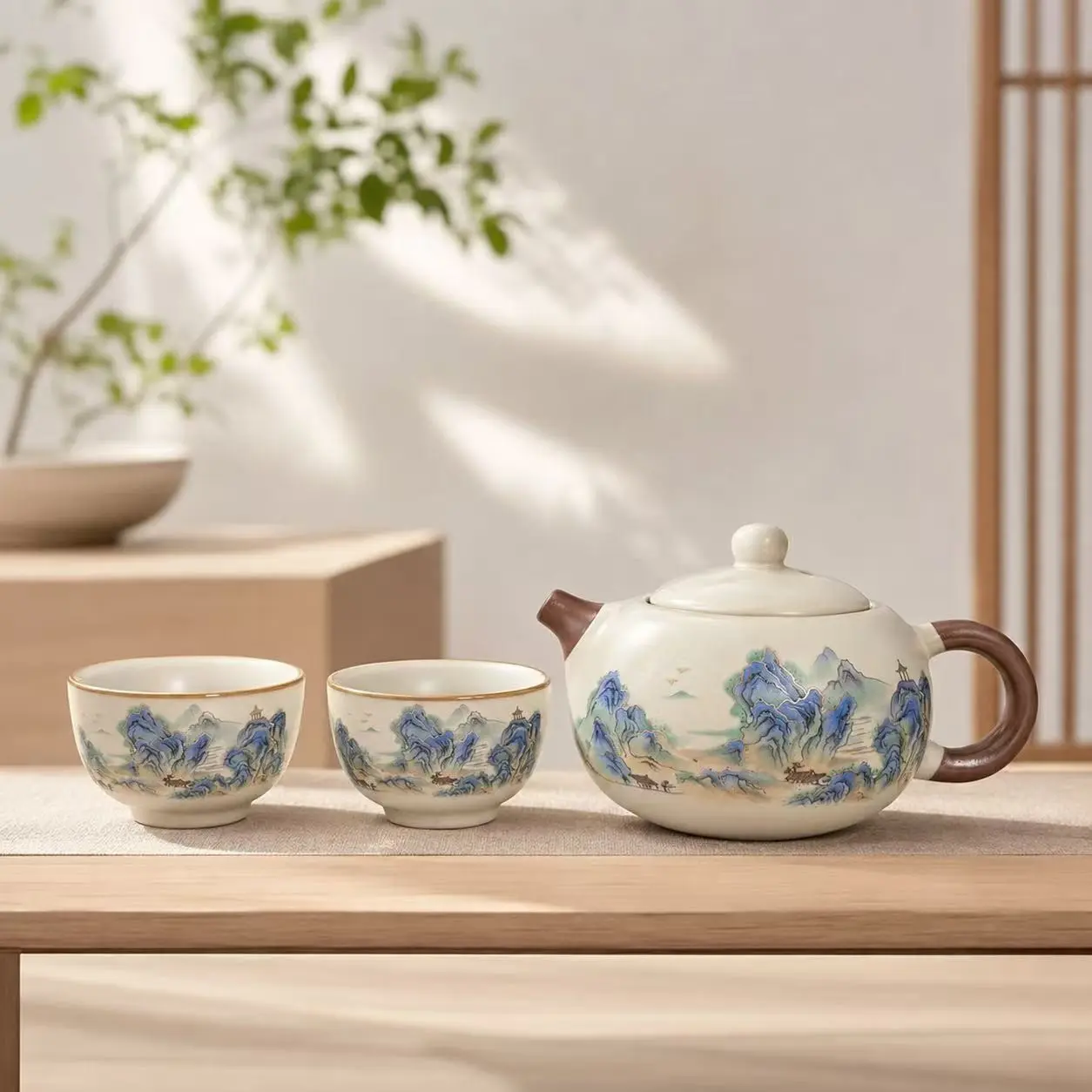 Qianli Jiangshan Landscape Ceramic Tea Set, Home Teapot with 2 Cups, Minimalist Tea Set Gift
