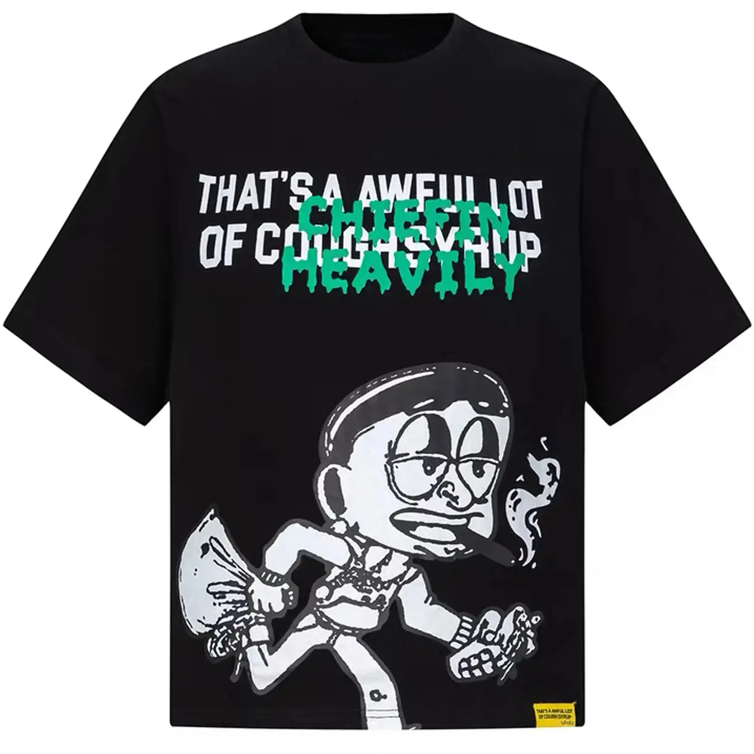 Bold Letter Mosaic Graphic Tee-Oversized Black T-Shirt With 'That's a Awful Lot of Cough Syrup' Patchwork Typography,Unisex Streetwear Statement Tee for Fashion anime oversize stretwear tee classic menswear dad joke appa