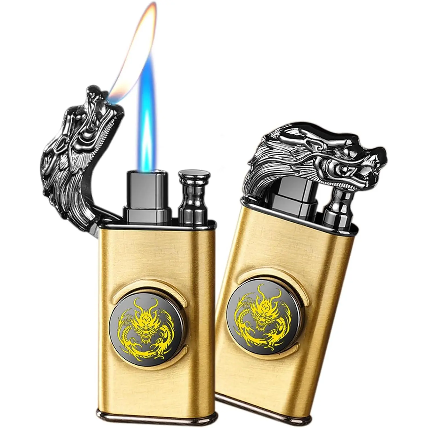 Gold Embossed Dragon Motif Windproof Jet Lighter - Refillable Butane, Adjustable Flame, Soft Switch, Accessories with Adjusting Tool, Camping Gift for Home Supplies Home Decor Candle Holder Use, Grilling/Lighting, Small Compact