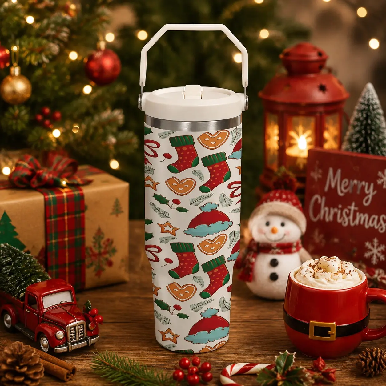 30oz Christmas Tumbler with Handle, Cute Holiday Pattern Cup, Gingerbread Man & Santa Hat Print Travel Mug, Christmas Stocking Graphic Stainless Steel Water Bottle, Winter Aesthetic Drinkware, Cozy Holiday Gift Idea, Christmas Gift Must Have, Viral TikTok