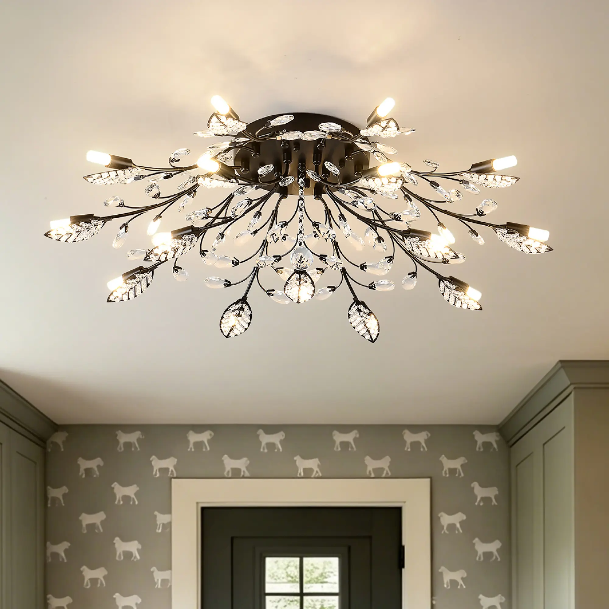 Nokaa 15-Light Crystal Chandelier Ceiling Fixture - Matte Black, Adjustable Chain, Bulbs Not Included, Ideal for Dining Room, Living Room to Light Up Your Space