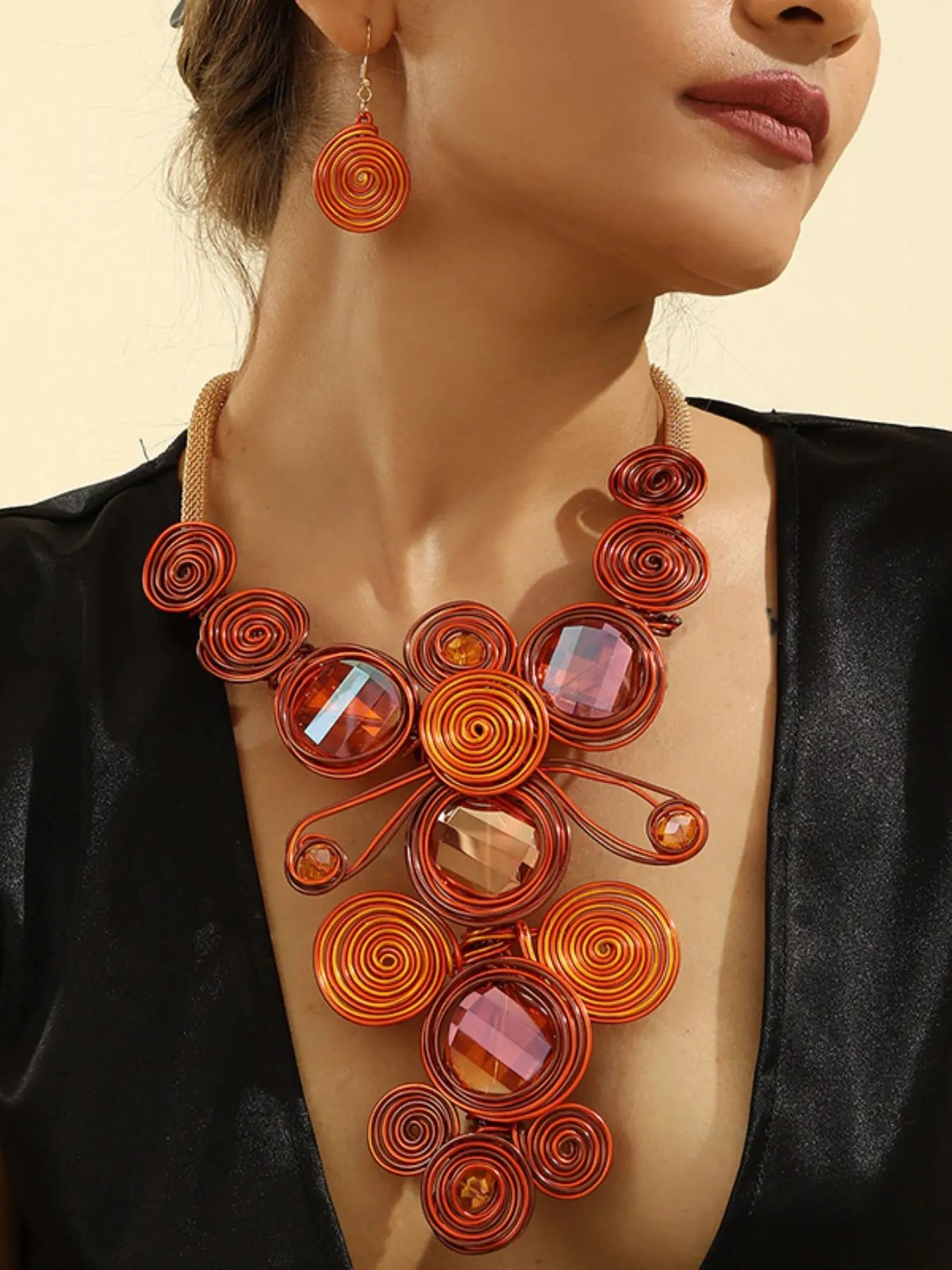 Two-Piece Handmade Boho Necklace Earrings Set, Handcrafted Vintage Exaggerated Fashion Artificial Crystal, Ethnic Style, Bohemian Aesthetic, Fall & Winter Jewelry
