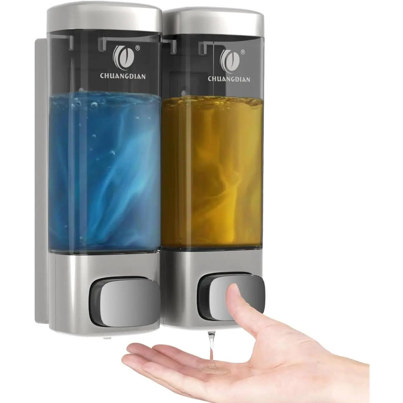Shampoo and Conditioner Dispenser Wall Mounted, 2-in-1 Shower Dispenser No Easy Installation, Soap Dispenser with 320ml * 2 Chamber for, Hotel, Home, (Silver)