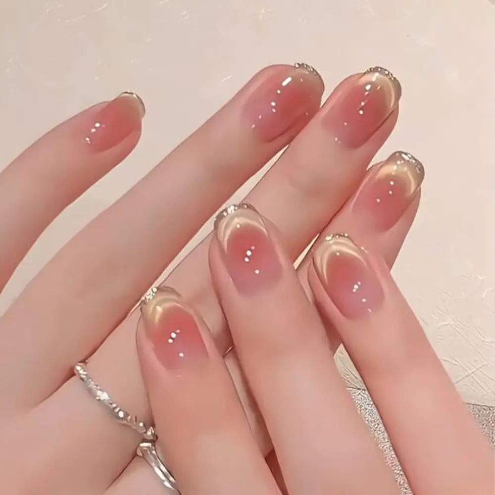 Press-On Nails, 30-Piece Medium-Long Oval Shape Pink Gradient with Fine Glitter, Gold-Edge Cat-Eye Nail Art Decoration, 30 Pieces Of Pink Gradient Gold Edge Nails
