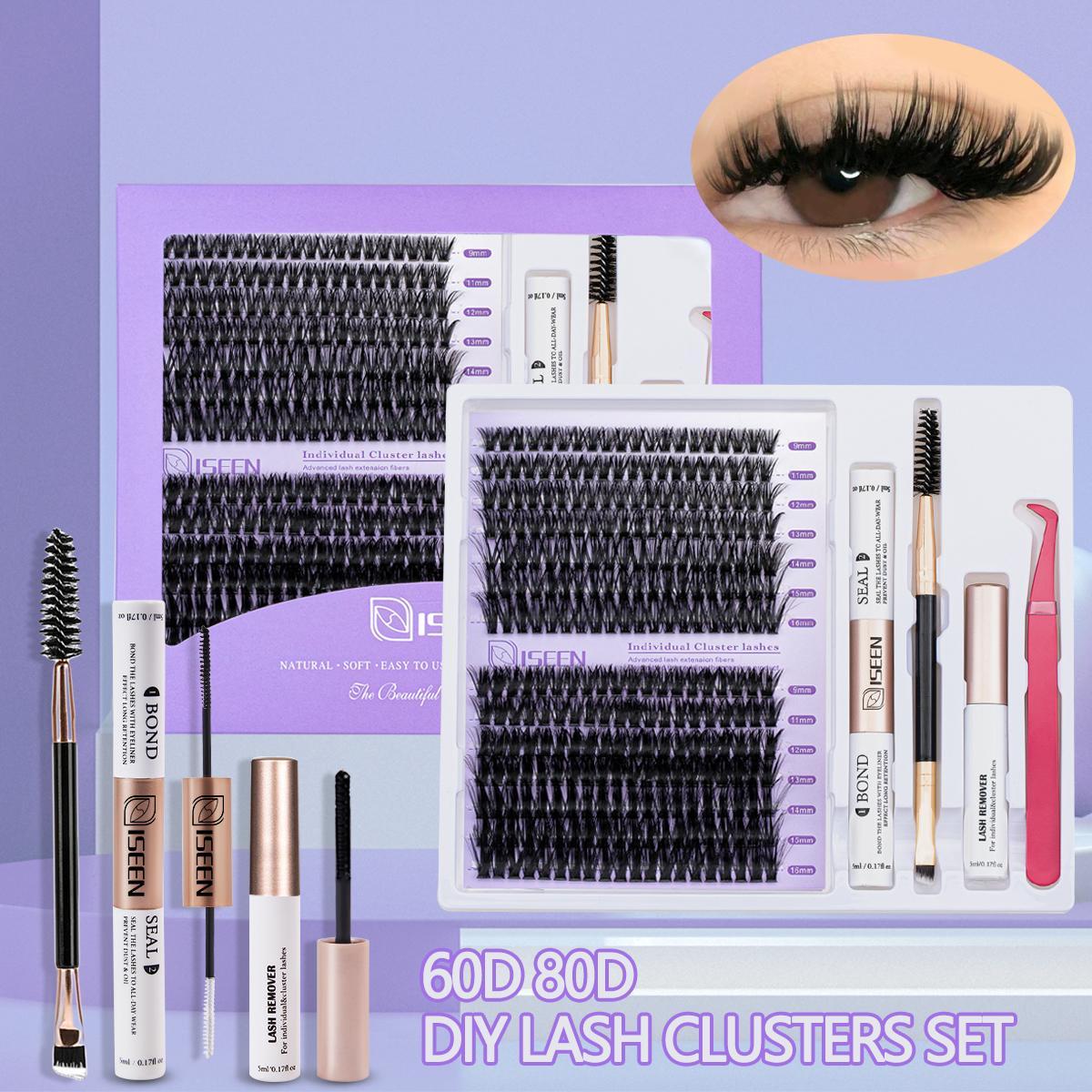 False Eyelashes Kit, 1 Set D Curl Eyelash Clusters, Fluffy Eyelash Clusters with Eyelash Glue, Remover, Brush & Tweezers, Eyelash Extension Kit for Women & Girls, Volumized False Eyelashes