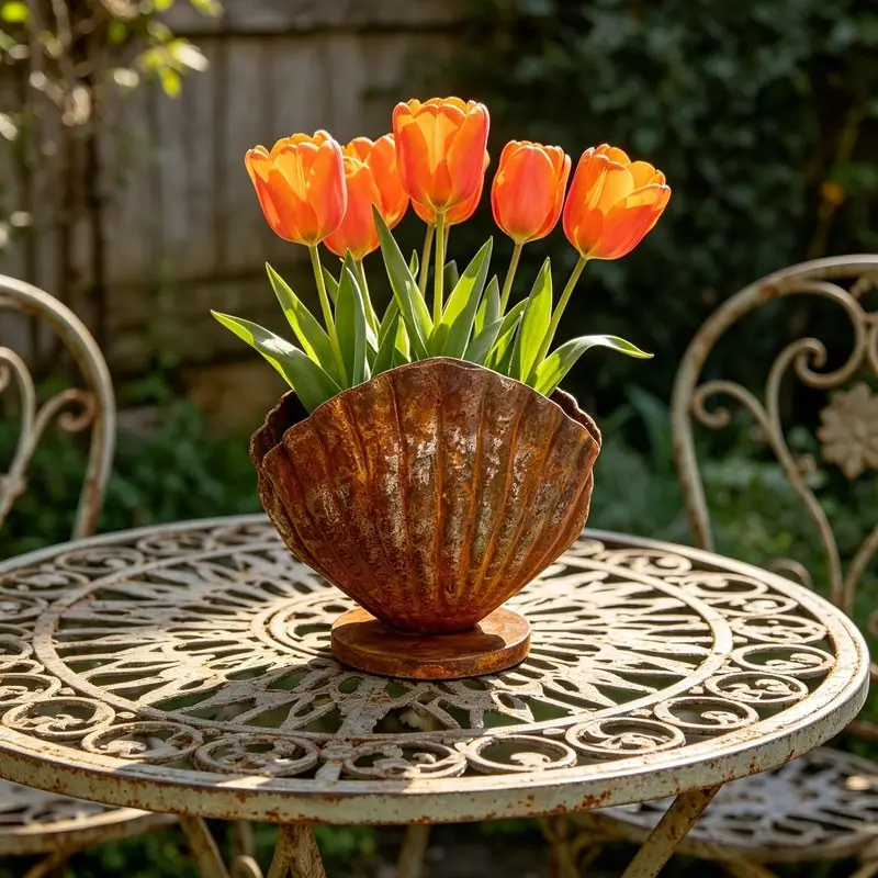 Vintage Copper Shell Planter, Rustic Design with Round Base, Outdoor Patio Decor, Ideal for Large Flowers Like Roses, European Luxury Garden Ornament