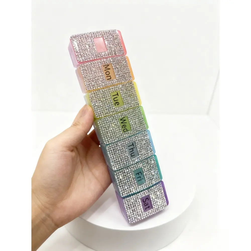 rectangle 7-Compartment Weekly Pill Organizer, Sparkly Rhinestone Design Travel Pill Case with Color-Coded Daily Slots for Vitamins, Supplements & Medication (Monday-Sunday)