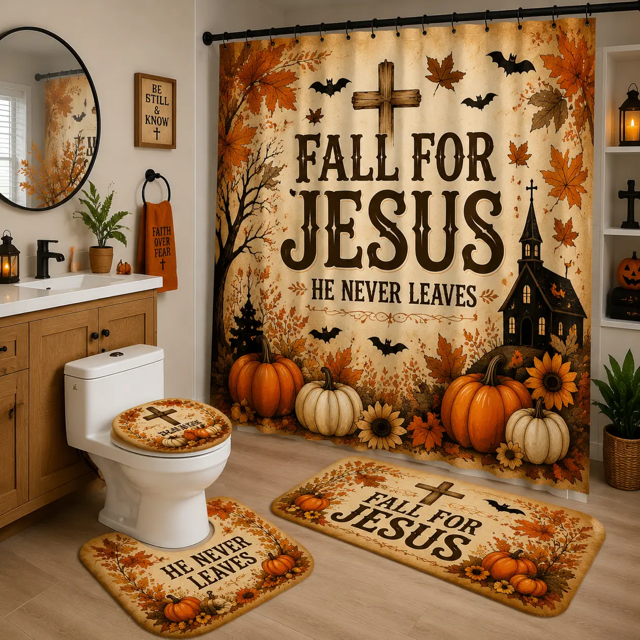 4PCS Rustic Christian Flannel-Polyester Waterproof Shower Curtain Set, Decorative Fall for Jesus Bathrooms Decor with Autumn Harvest Maple Leaves, Bath Mat, Toilet Lid Cover & U-Shape Rug