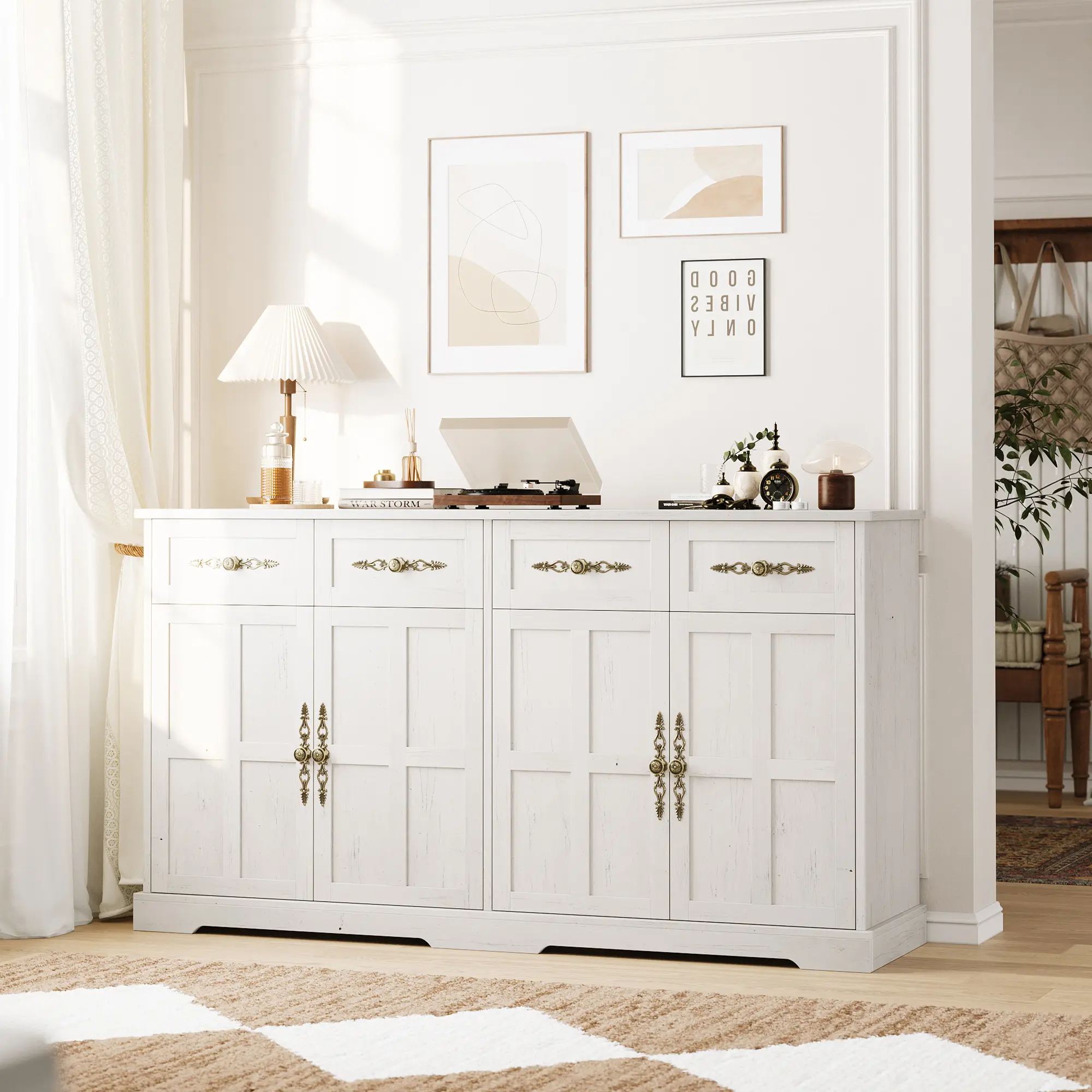 63-Inch Large Modern Buffet Sideboard Cabinet - 4 Drawers, 4 Doors, Storage Organizer, Coffee Bar Station for Kitchen, Dining Room