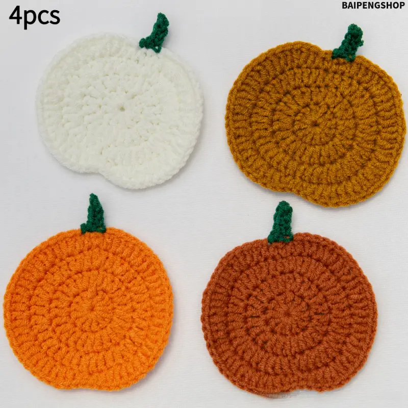 4pcs Circular Handmade Crochet Polyester Pumpkin Drink Coasters, Absorbent Farmhouse Table Decor, Rustic Set for Surface Protection, Perfect Fall Holiday Fashion Accessory for Room Decor