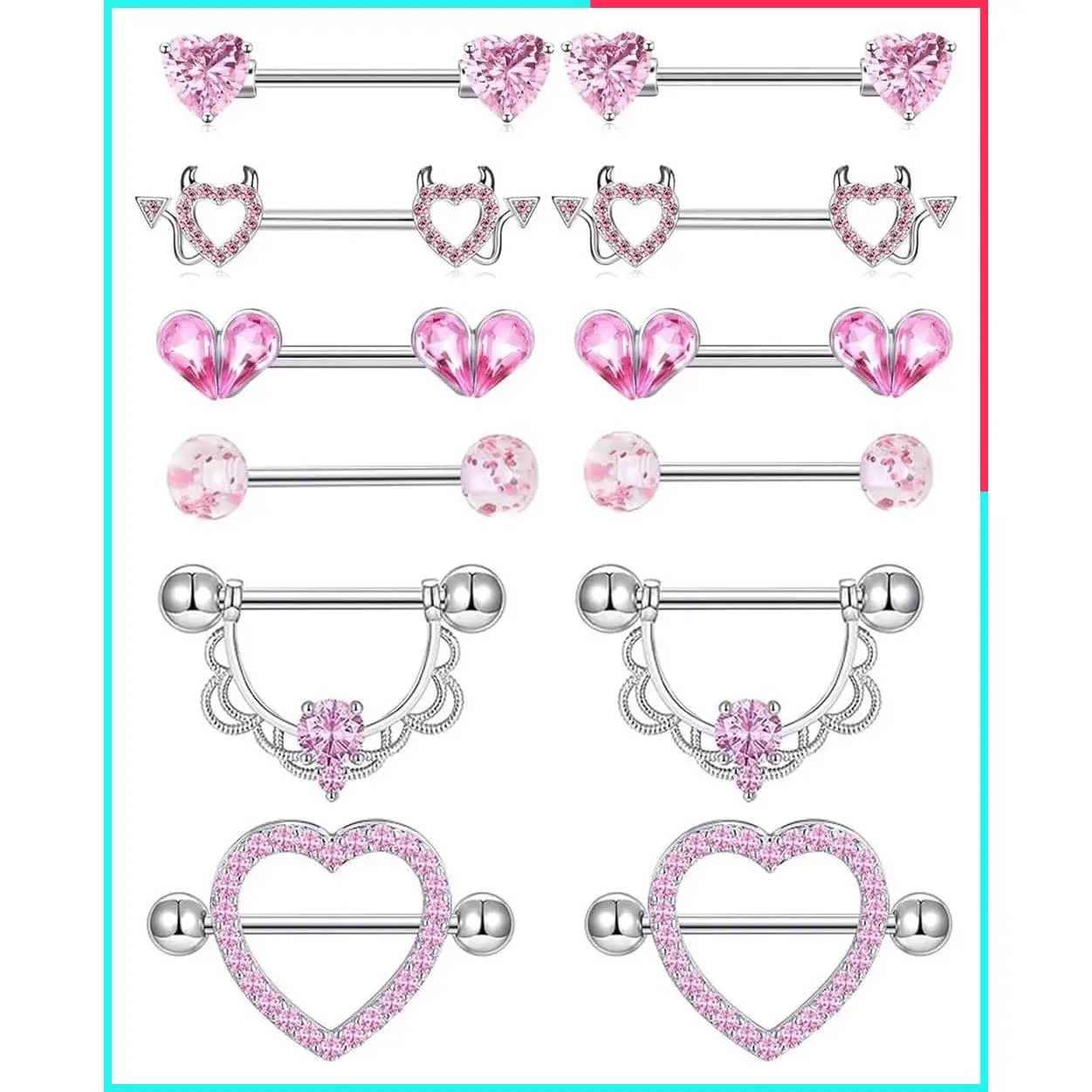 6 Pairs Stainless Steel Nipple Rings Set Heart Butterfly Moon Flower CZ Stud Barbell Tongue Rings Cute Piercing Jewelry for Women Pink Tone