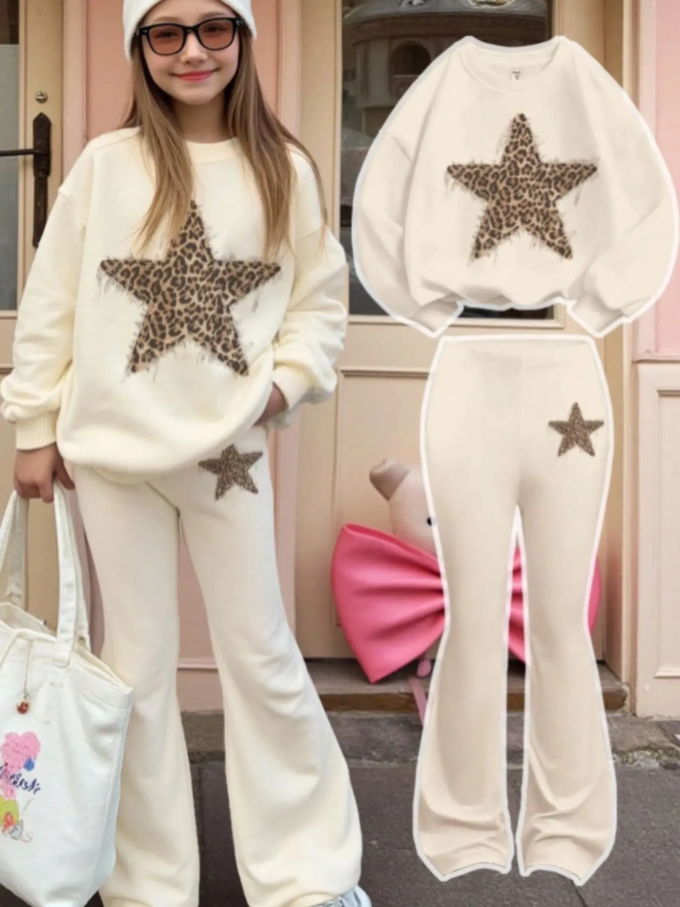 Tween Girl Leopard and Star Print Sweatshirt and Bell Bottoms Set, Fall Casual School, Daily Wear, All over Print Design