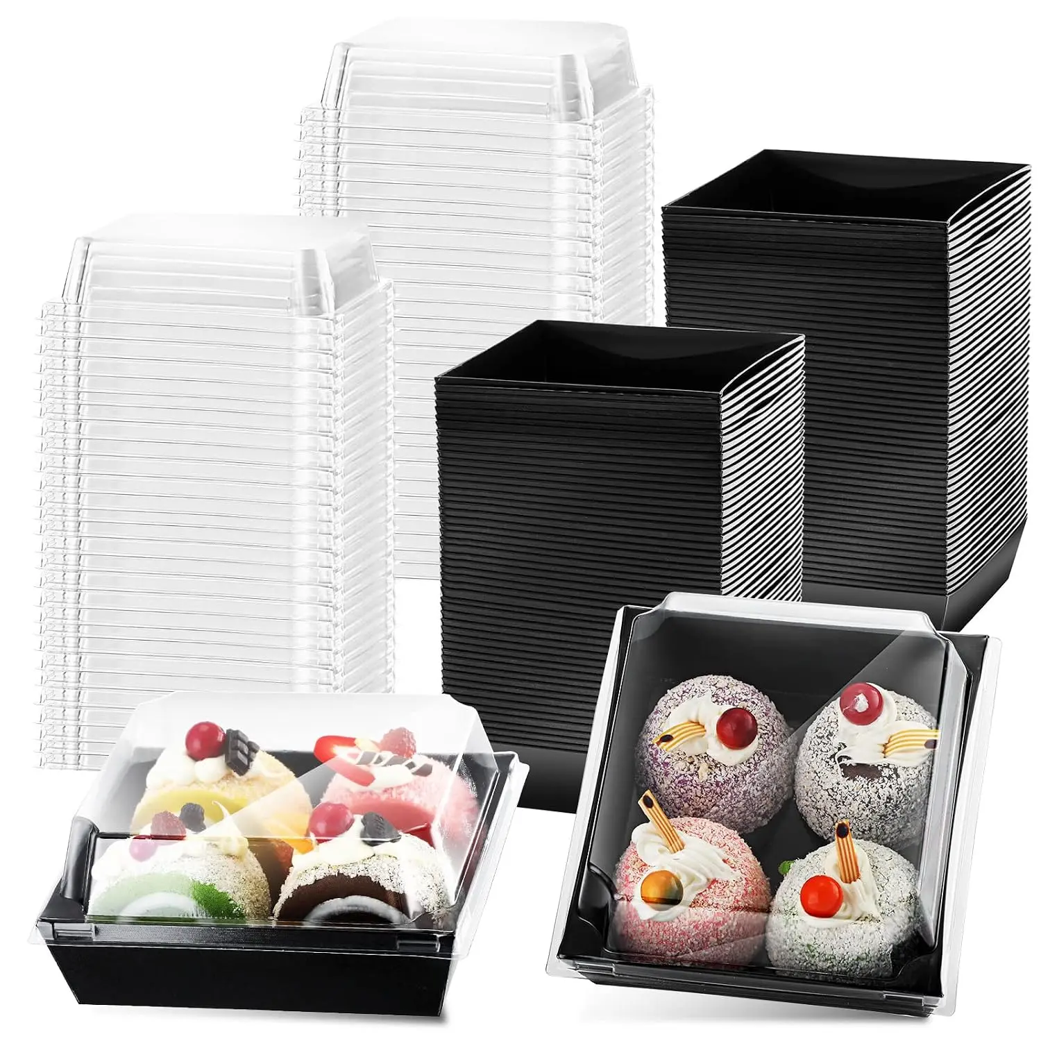 100 Pack Charcuterie Boxes with Clear  Valentine  5 Inch Cookie Boxes Disposable Cake Case Paper Square Cookie Containers Dessert for Sandwich Slice Cake Hot Cocoa Bombs Strawberries(Black)